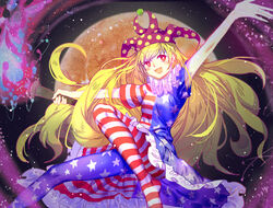  american_flag_dress american_flag_legwear blonde_hair clownpiece commentary convenient_leg female full_moon hat highres jester_cap long_hair moon pantyhose photoshop_(medium) solo star_(symbol) symbol-only_commentary torch touhou very_long_hair wei_li 