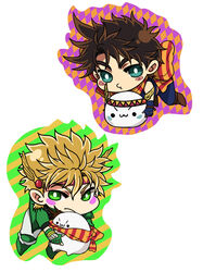  2boys anime_coloring bad_boy battle_tendency blonde_hair blue_eyes brown_hair caesar_anthonio_zeppeli chibi commentary_request feather_hair_ornament feathers food green_eyes hair_ornament head_wings headband highres jojo_no_kimyou_na_bouken joseph_joestar joseph_joestar_(young) mochi multiple_boys scarf striped_clothes striped_scarf triangle_print wings 