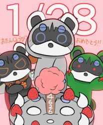  2019 anthro black_body black_fur blue_eyes cake dessert food fur green_body green_fur grey_body grey_fur group inkw96 japanese_text kurojirou male mammal procyonid raccoon shirojirou simple_background text vtuber 