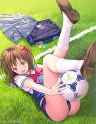  bag ball bell bow brown_eyes brown_hair buruma clothes_removed female female grass hair_ornament hair_ribbon holding legs_up loafers lying mana_kakkowarai on_back original ribbon school_uniform serafuku skirt skirt_removed soccer_ball solo web_address 