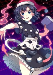  bad_id bad_twitter_id blue_eyes blue_hair book doremy_sweet dream_soul dress female frilled_dress frills hat holding holding_book nightcap outstretched_hand pom_pom_(clothes) sameya short_hair short_sleeves solo space tail tapir_tail touhou 