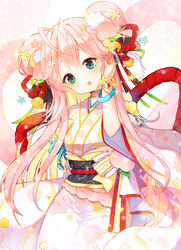  :o bad_id bad_pixiv_id bangle blue_flower blush bracelet commentary_request double_bun female flower green_eyes hair_between_eyes hair_bun hair_flower hair_ornament hand_up head_tilt japanese_clothes jewelry kimono long_hair long_sleeves obi original parted_lips peach_print photoshop_(medium) pink_hair print_kimono sash sidelocks solo tp_(kido_94) very_long_hair white_flower white_kimono wide_sleeves yellow_flower 