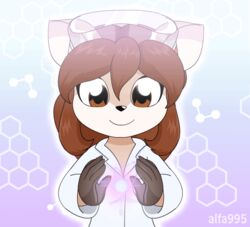  alfa995 animated anthro brown_eyes brown_hair clothing coat deer doe_(alfa995) eyewear eyewear_on_head female fur goggles goggles_on_head hair lab_coat mammal pink_body pink_fur science short_playtime signature smile solo topwear 