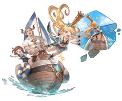  1boy 2girls baotorda bikini bikini_skirt blonde_hair blue_eyes boat bridgette_(granblue_fantasy) brown_hair charisma_break charlotta_(granblue_fantasy) charlotta_(summer)_(granblue_fantasy) collarbone crown day draph falling granblue_fantasy harvin horns innertube midriff minaba_hideo multiple_girls muscular navel ocean official_alternate_costume official_art one-piece_swimsuit open_mouth outdoors shoes short_sleeves single_horn starfish_hair_ornament striped swim_ring swimsuit tall_crown toeless_footwear transparent_background water watercraft wavy_mouth 