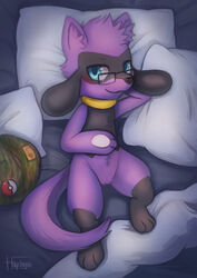  2016 alternate_color anthro bed blush canid canine clothing digitigrade eyewear flow_the_riolu furniture generation_4_pokemon glasses handpaw hat haychel headgear headwear hi_res high-angle_view looking_at_viewer lying male mammal nintendo on_back on_bed paws pillow pinup pokemon pokemon_(species) pose riolu seductive signature smile solo young 