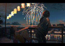  2girls aerial_fireworks arm_support bag bare_legs black_hair blurry building city city_lights commentary_request dark denim facing_away fireworks from_behind handbag hanging_on inami_hatoko jeans lantern leaning_back leaning_forward letterboxed looking_up multiple_girls night night_sky original outdoors pants paper_lantern ponytail power_lines railing reflection sandals scenery scrunchie short_hair shorts sky sleeveless tank_top utility_pole water wide_shot 