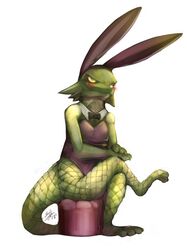  2015 ambiguous_gender anthro biped blush bow_(feature) bow_tie bunny_costume clothing costume crossed_legs eyelashes fake_ears fake_rabbit_ears fishnet_clothing fishnet_legwear green_body green_scales legwear lingerie lizard looking_at_viewer pupils reptile scales scalie shaolin_bones shirt_collar simple_background sitting slit_pupils solo teddy_(clothing) yellow_eyes 