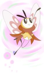  2016 abstract_background alpha_channel ambiguous_gender antennae_(anatomy) anthro arthropod big_eyes black_body black_eyes brown_body cel_shading countershade_face countershading digital_media_(artwork) empty_eyes eyelashes featureless_crotch featureless_limbs generation_7_pokemon hi_res insect_wings insects lepidopteran_wings looking_up mostly_nude multicolored_body nintendo pokemon pokemon_(species) pseudo_clothing ribombee scarf scarf_only shaded signature smile solo theatomicpumpkin white_body white_countershading wings yellow_body 