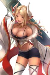  aqua_(popogori) bare_shoulders black_camisole black_shorts blonde_hair blush breasts camisole cleavage collar collarbone commentary_request dark-skinned_female dark_skin draph female fur_trim gloves granblue_fantasy horns jacket jewelry kumbhira_(granblue_fantasy) large_breasts long_hair looking_at_viewer metal_collar midriff navel off_shoulder open_mouth pointy_ears sash shorts simple_background smile solo tan tassel thighhighs thighs weapon white_background white_jacket white_thighhighs wide_sleeves 