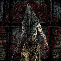  1boy artist_request blood great_knife hat helmet male_focus monster muscular muscular_male pyramid_head silent_hill_(movie) silent_hill_(series) solo source_request sword topless_male weapon 