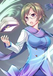  :o bad_id bad_pixiv_id book brown_hair coat cowboy_shot earrings female flower_knight_girl glasses grey_background jewelry multicolored_shirt purple_eyes purple_scarf ribucci scarf short_hair solo yagurumagiku_(flower_knight_girl) 