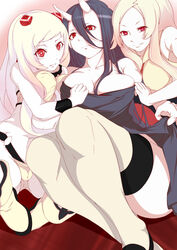  3girls :q absurdres abyssal_ship airfield_princess armored_aircraft_carrier_princess battleship_princess black_dress black_hair breasts clothes_pull commentary_request dress dress_pull highres horns kantai_collection large_breasts long_hair looking_at_viewer multiple_girls pale_skin red_eyes short_dress tairant17 thighhighs tongue tongue_out white_hair 