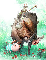  boar bullfango commentary_request feline felyne grass hammer highres melynx monster_hunter_(series) mushroom no_humans photoshop_(medium) pig poogie riding riding_boar stick tifa18 tusks 