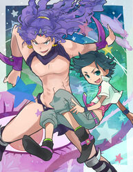  2boys arm_blade blue_hair commentary_request jojo_no_kimyou_na_bouken jorge_joestar jouji_joestar kars_(jojo) long_hair male_focus multiple_boys purple_hair tama_(miloque) weapon 