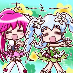  2girls =_= aino_megumi blue_hair blush_stickers braid chibi commentary_request cure_lovely cure_princess cure_princess_(macadamia_hula_dance) dancing flower hair_flower hair_ornament happinesscharge_precure! hula ikkyuu long_hair magical_girl multiple_girls open_mouth precure shirayuki_hime smile thighhighs twin_braids vest wide_ponytail zettai_ryouiki 