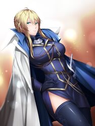  artoria_pendragon_(fate) artoria_pendragon_(lancer)_(fate) artoria_pendragon_(lancer)_(formal_dress)_(fate) black_dress black_gloves black_thighhighs blonde_hair blush braid braided_bun breasts closed_mouth commentary_request dress fate/grand_order fate_(series) female gloves green_eyes hair_between_eyes hair_bun jacket jacket_on_shoulders kageshio_(276006) large_breasts looking_at_viewer military military_uniform short_dress sidelocks smile solo standing thighhighs uniform 