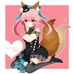  animal_ear_fluff animal_ears bare_shoulders black_footwear black_thighhighs blue_bow bow breasts cleavage cleavage_cutout clothing_cutout commentary_request copyright_name detached_sleeves fate/extra fate/extra_ccc fate_(series) female flower fox_ears fox_tail full_body hairbow happy hat heart high_heels highres large_breasts long_hair long_sleeves looking_at_viewer mini_hat mini_top_hat o-ring official_alternate_costume pink_hair rose shoes sitting sleeves_past_fingers sleeves_past_wrists smile solo tail tail_wagging takae_(poupee_en_biscuit) tamamo_(fate) tamamo_no_mae_(fate/extra) tamamo_no_mae_(sable_mage)_(fate) thighhighs tilted_headwear top_hat wariza white_flower white_rose yellow_eyes 