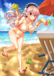  bad_id bad_pixiv_id bikini blush breasts cleavage commentary_request double_scoop female flip-flops food headphones ice_cream ice_cream_cone ice_cream_cone_spill large_breasts long_hair luzia midriff navel nitroplus open_mouth pink_hair red_eyes sandals solo super_sonico swimsuit triple_scoop 