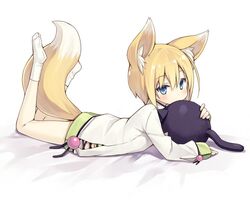  animal_ear_fluff animal_ears blonde_hair blue_eyes commentary_request female fox_ears fox_tail hug kuroino_(poco) looking_at_viewer lying no_shoes on_stomach original poco_(asahi_age) shiratama_kitsune short_hair simple_background socks tail 