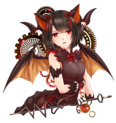  animal_ears bad_id bad_twitter_id black_hair bow bowtie breasts brown_dress dragon_horns dragon_wings dress female gears horns kazuyoshi looking_at_viewer medium_breasts myr_(p&amp;d) open_mouth puzzle_&amp;_dragons red_bow red_bowtie red_eyes short_hair simple_background sleeveless solo upper_body white_background wings 