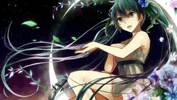  :d blue_eyes blue_flower commentary_request crimsonseed dress female floating_hair flower green_hair hair_between_eyes hair_flower hair_ornament hatsune_miku long_hair moon night open_mouth outdoors short_dress sitting sky sleeveless sleeveless_dress smile solo star_(sky) starry_sky sundress very_long_hair vocaloid white_dress 