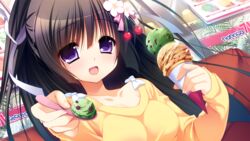  black_hair front_wing game_cg ice_cream innocent_girl long_hair nanaca_mai nanami_hinako purple_eyes 