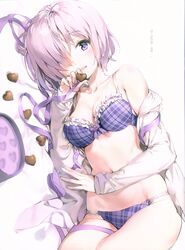  absurdres alternate_costume anmi bra breasts candy chinese_text chocolate collarbone fate/grand_order fate_(series) female food frilled_bra frills hair_over_one_eye hard-translated hard-translated_(non-english) heart heart-shaped_chocolate highres lingerie looking_at_viewer lying mash_kyrielight medium_breasts off_shoulder on_side open_mouth panties photoshop_(medium) pink_hair plaid plaid_bra plaid_panties purple_bra purple_eyes purple_panties purple_ribbon ribbon scan short_hair smile solo third-party_edit underwear 