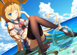  absurdly_long_hair accident andrea_doria_(warship_girls_r) arm_support ball bare_shoulders beachball belt black_thighhighs blonde_hair blue_eyes blue_skirt blush choker cloud commentary_request crop_top day dutch_angle feet female food hair_ribbon ice_cream italian_flag long_hair low_twintails muq ocean one_eye_closed outdoors partially_submerged photoshop_(medium) pleated_skirt ribbon rubbing_eyes sitting skirt sky soles solo thighhighs twintails umbrella very_long_hair warship_girls_r water wet wet_clothes 