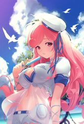  arm_at_side bird blue_sky breasts choker cleavage cleavage_cutout clothing_cutout cloud cloudy_sky cross-laced_clothes day dutch_angle feathers female food fu-mi.a hair_ribbon hat highres large_breasts long_hair looking_at_viewer midriff navel outdoors parted_lips pink_eyes pink_hair popsicle rasis ribbon short_shorts short_sleeves shorts sidelocks sky solo sound_voltex swept_bangs very_long_hair 