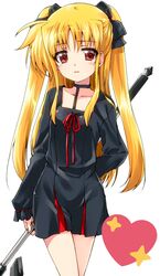  arm_behind_back bardiche_(device_form)_(nanoha) bardiche_(nanoha) black_choker black_dress black_ribbon blonde_hair casual choker commentary cowboy_shot dress fate_testarossa female hair_ribbon heart highres holding holding_weapon kuroi_mimei light_blush light_smile long_dress long_hair looking_at_viewer lyrical_nanoha mahou_shoujo_lyrical_nanoha official_alternate_costume parted_bangs parted_lips pleated_dress red_eyes ribbon short_dress simple_background solo standing star_(symbol) two_side_up very_long_hair weapon white_background 