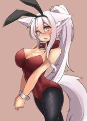  animal_ears bad_id bad_twitter_id bare_shoulders black_pantyhose blush breasts cleavage collar colored_eyelashes embarrassed fake_animal_ears female fox_ears fox_tail highres large_breasts original own_hands_together pantyhose playboy_bunny ponytail rabbit_ears sakura_inu simple_background solo tail white_hair wrist_cuffs yellow_eyes 