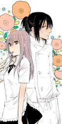  1boy adachi_masahiro apron black_hair brown_hair chef commentary_request female fork long_hair muranushi_sayuri ponytail shin_(ikntig1122) waitress working!! working!!_(web_manga) 