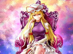  armband bare_legs blonde_hair bow breasts chair chinese_commentary commentary_request crossed_legs female folding_fan hairbow hand_fan hand_on_own_face hat head_tilt highres holding huge_breasts light_smile long_hair looking_at_viewer mob_cap multicolored_background multicolored_eyes purple_eyes tabard touhou xiaoyin_li yakumo_yukari yellow_eyes 