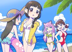  4girls :d :o animal_ears aqua_bikini aqua_eyes arm_behind_back arm_behind_head arm_up bare_arms bare_shoulders beach beads bikini bikini_skirt bikini_under_clothes black_hair blue_eyes blue_flower blue_sky blunt_bangs blush bow braid breast_envy breasts brown_eyes brown_hair cat_ears cat_tail cleavage cloud commentary_request cowboy_shot day eyelashes flower flower_fairy_(osomatsu-kun) freckles frilled_bikini frills fukai_(yas_lions) green_bikini green_hair hair_beads hair_ornament hair_over_shoulder hairband hand_on_own_hip hand_up hashimoto_nyaa hat hat_flower hat_ribbon hood hood_down hooded_jacket innertube jacket jacket_over_swimsuit jacket_tug jyushimatsu&#039;s_girlfriend large_breasts long_hair looking_at_another looking_back looking_to_the_side low_twintails multicolored_hair multiple_girls musaceae navel o-ring o-ring_swimsuit one-piece_swimsuit open_clothes open_jacket open_mouth osomatsu-kun osomatsu-san osomatsu_(series) outdoors pink_hair profile red_one-piece_swimsuit ribbon scrunchie shade short_twintails side-tie_bikini_bottom sky small_breasts smile smirk stomach straw_hat streaked_hair summer swim_ring swimsuit tail tree twintails wavy_mouth white_bikini white_bow wrist_scrunchie yellow_jacket yowai_totoko 