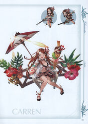  absurdres belt bikini bikini_skirt blue_eyes bracelet braid breasts brown_hair carren carren_(granblue_fantasy) chair character_name chibi cleavage collarbone crown_braid female flower food full_body granblue_fantasy hair_ornament hibiscus highres holding ice_cream jewelry long_hair looking_at_viewer looking_up medium_breasts minaba_hideo navel official_art one_eye_closed open_clothes open_mouth open_shirt page_number pearl_bracelet photoshop_(medium) sandals scan scrunchie shirt shoes short_sleeves simple_background sitting smile solo spoon sunlight swimsuit thigh_strap toeless_footwear twin_braids umbrella 