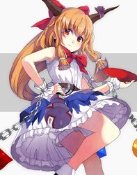  bad_id bad_twitter_id belt bloomers blush bow bowtie buttons chains closed_mouth cuffs cup female floating_hair gourd hairbow hand_on_own_hip holding horn_bow horn_ornament horns ibuki_suika long_hair looking_at_viewer multicolored_background orange_hair purple_bow red_bow red_bowtie red_eyes sakazuki sameya shackles shirt sidelocks sleeveless smile solo touhou two-tone_background underwear very_long_hair white_bloomers white_shirt wristband 