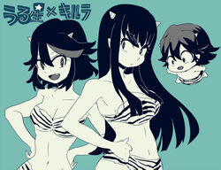  1boy 2girls animal_print breasts cleavage commentary_request cosplay horns kill_la_kill kiryuuin_satsuki long_hair lum lum_(cosplay) matoi_ryuuko medium_breasts multiple_girls navel sanageyama_uzu shinonoko_(tubamecider) short_hair ten_(urusei_yatsura) ten_(urusei_yatsura)_(cosplay) tiger_print urusei_yatsura 