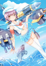  :o armband blue_skirt brown_eyes cloud commentary_request crop_top day female hat highres looking_at_viewer machinery midriff miniskirt nagato_yuki nagato_yuki-chan_no_shoushitsu navel ocean pleated_skirt purple_hair school_uniform serafuku short_hair skirt sleeveless solo suzumiya_haruhi_no_shoushitsu suzumiya_haruhi_no_yuuutsu thighhighs warship_girls_r water weapon white_thighhighs xian_(pixiv11964491) 