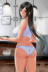  ass back bare_arms black_hair breasts brown_eyes butt_crack cooking counter cowboy_shot crop_top day eyelashes female final_fantasy final_fantasy_vii fingernails food fried_rice from_behind highres holding holding_plate indoors kitchen lamp large_breasts long_fingernails long_hair looking_at_viewer looking_back original panties parted_lips picture_frame plate rice sidelocks smile solo sports_bra standing steam stove switch01 teeth thighs tifa_lockhart underwear underwear_only wall white_panties white_sports_bra 