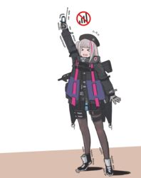  &gt;_&lt; antennae beret black_gloves black_hat black_jacket black_pantyhose black_skirt cellphone commentary_request desert_tech_mdr dot_nose female flip_phone girls&#039;_frontline gloves grey_gloves grey_hair gun hat highres jacket long_hair long_sleeves mdr_(girls&#039;_frontline) multicolored_hair one_side_up open_mouth pantyhose phone pink_hair pouch selby sidelocks signal_bar skirt solo strap streaked_hair sweatdrop tactical_clothes teeth thigh_pouch tiptoes trembling upper_teeth_only weapon 