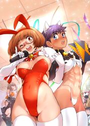  5girls abs animal_ears bell black_collar black_gloves blue_eyes blush bow bowtie breasts brown_eyes brown_hair cameltoe cat_ears collar commentary_request confetti covered_navel covered_nipples curvy dark-skinned_female dark_skin ez6 fake_animal_ears from_below front-tie_top glasses gloves good_meat_day highleg highleg_leotard highleg_panties impossible_clothes jingle_bell large_breasts leotard locked_arms looking_at_viewer microphone multiple_girls navel neck_bell nose_blush one-piece_tan open_mouth original panties party_popper pink-framed_eyewear pinky_out playboy_bunny puffy_sleeves purple_hair rabbit_ears red_leotard semi-rimless_eyewear short_hair shrug_(clothing) skindentation small_breasts stomach strapless strapless_leotard sweatdrop tan tanlines thick_thighs thighhighs thighs under-rim_eyewear underwear white_gloves white_panties white_thighhighs 