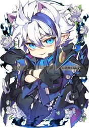  &gt;:) 1boy animal_ears black_gloves black_jacket black_pants blue_eyes blue_hair blue_shirt bracelet cat_ears chibi ciel_(elsword) commentary_request cross cross_earrings crossed_arms dreadlord_(elsword) earrings elsword flower gloves jacket jewelry korean_commentary looking_at_viewer male_focus multicolored_hair pants pika_(kai9464) pointy_ears rose shirt solo strap streaked_hair v-shaped_eyebrows watermark web_address white_flower white_hair white_rose 