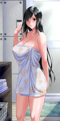  absurdres arm_at_side bare_arms bare_legs bare_shoulders basket bathroom black_hair blush breasts brown_eyes carpet cleavage collarbone cowboy_shot female final_fantasy final_fantasy_vii fingernails floral_print hand_up highres holding holding_own_hair indoors large_breasts laundry_basket long_fingernails long_hair looking_at_viewer naked_towel open_mouth parted_lips pink_lips revision shade solo standing swept_bangs switch01 tifa_lockhart towel very_long_hair wall 