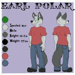  1:1 5_fingers anthro ass biped black_claws black_nose bottomwear canid canine canis claws clothed clothing denim denim_bottomwear denim_clothing digital_media_(artwork) earl_polar english_text fingers fluffy fluffy_tail footwear front_view full-length_portrait fully_clothed fur green_eyes grey_body grey_ears grey_fur happy heyitshappydoodles jeans looking_at_viewer male mammal model_sheet pants portrait purple_background rear_view shirt shoes simple_background smile solo standing tail text topwear wolf 