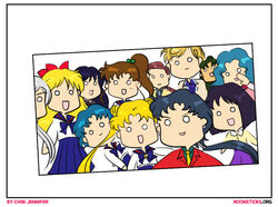  3boys 6+girls aino_minako artist_name bishoujo_senshi_sailor_moon bishoujo_senshi_sailor_moon_stars black_hair blonde_hair blue_hair blue_sailor_collar bow brown_hair chibi chibi_jennifer crossdressing dark_skin earrings green_hair hair_ornament hino_rei jewelry juuban_high_school_uniform kaiou_michiru kino_makoto long_hair meiou_setsuna mizuno_ami multiple_boys multiple_girls necktie o_o open_mouth parody photo_(object) ponytail purple_hair red_bow red_hair sailor_collar school_uniform seiya_kou serafuku short_hair smile taiki_kou ten&#039;ou_haruka tomoe_hotaru tsukino_usagi very_short_hair watermark web_address white_hair yaten_kou 