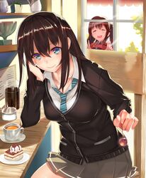  2girls aqua_eyes arm_support ashu bad_id bad_pixiv_id brown_hair cake cardigan chair cherry closed_eyes commentary_request cup double_v drinking_glass feeding food fruit idolmaster idolmaster_cinderella_girls long_hair long_sleeves looking_at_viewer loose_necktie multiple_girls necktie open_mouth pleated_skirt school_uniform shelf shibuya_rin shimamura_uzuki shirt sitting skirt v window 