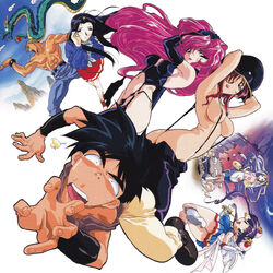  1990s_(style) 2boys 5girls apron aqua_eyes arms_up ass bakuretsu_hunters black_hair bondage_outfit boots breasts carrot_glace chocolate_misu constricted_pupils crossdressing daughter_(bakuretsu_hunters) double_bun dragon floating_hair garter_straps gateau_mocha gotou_keiji hair_between_eyes hair_bun hand_on_head hat highres kanure_stella large_breasts lipstick long_hair looking_at_viewer makeup marron_glace medium_breasts multiple_boys multiple_girls muscular naked_suspenders non-web_source o-ring official_art open_mouth peaked_cap photoshop_(medium) pleated_skirt pose purple_hair red_hair retro_artstyle short_hair skirt strap_gap suspenders sweat thighhighs tira_misu twisted_torso waist_apron 