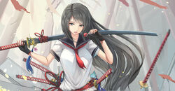  black_eyes black_hair blurry blurry_background candy chinese_commentary commentary female food gloves half_gloves highres kikivi lollipop long_hair looking_at_viewer original school_uniform serafuku solo standing sword weapon 