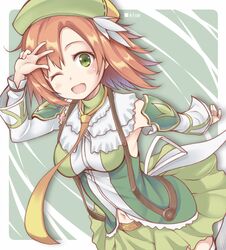  ;d aloe_(flower_knight_girl) arm_warmers bad_id bad_pixiv_id brown_hair copyright_name cowboy_shot female flower_knight_girl green_background green_eyes green_hat green_skirt green_theme hat looking_at_viewer navel necktie one_eye_closed open_mouth ribucci short_hair skirt smile solo v white_arm_warmers yellow_necktie 