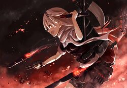  battle blonde_hair bow cannon commentary_request female fire gloves hair_ornament hair_ribbon hairbow hairclip hidaka_kouyou kantai_collection long_hair night red_eyes ribbon school_uniform serafuku short_sleeves skirt smile solo straight_hair torpedo turret yuudachi_(kancolle) yuudachi_kai_ni_(kancolle) 